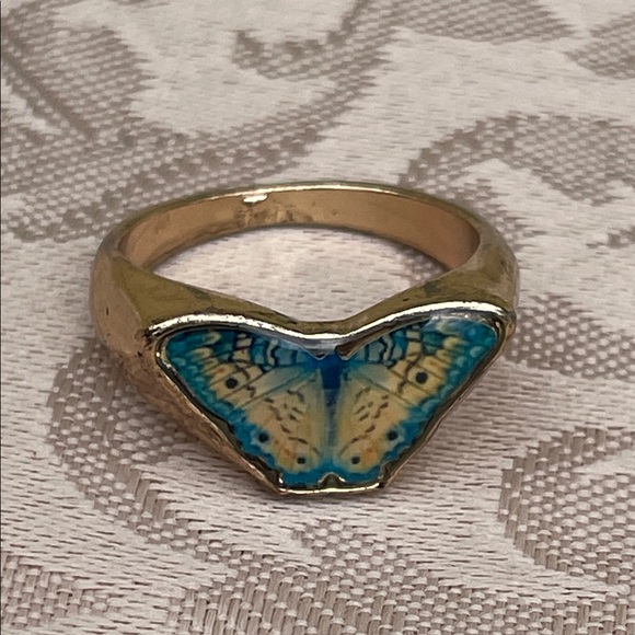 Source Unknown Jewelry - Gold Tone Butterfly Statement Ring with Blue and Cream Enamel
